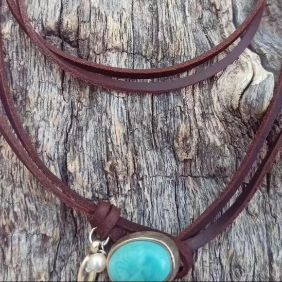 Boho Turquoise Choker Necklace Beachy Layered Brown Cord - Picture 5 of 6